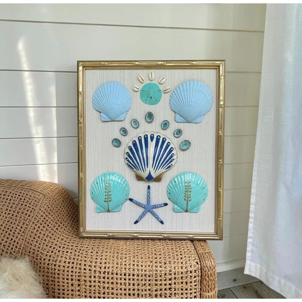 Palm Beach Regency Shell Art in Gold Faux Bamboo Frame Coastal Luxe Wall Decor